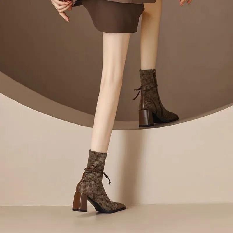 Dámské krátké boty s mašlí retro elegantní na středním podpatku dámské kotníkové boty podzim šik pu zima 2024 pohodlné 39 kotníkové boty