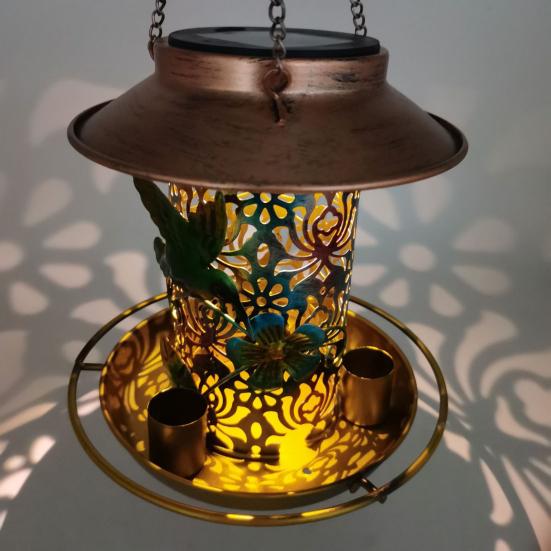 Bird Feeder with Light Hollow Pattern Design Solar Powered Hummingbird Food Holder Lantern Light Garden Decoration