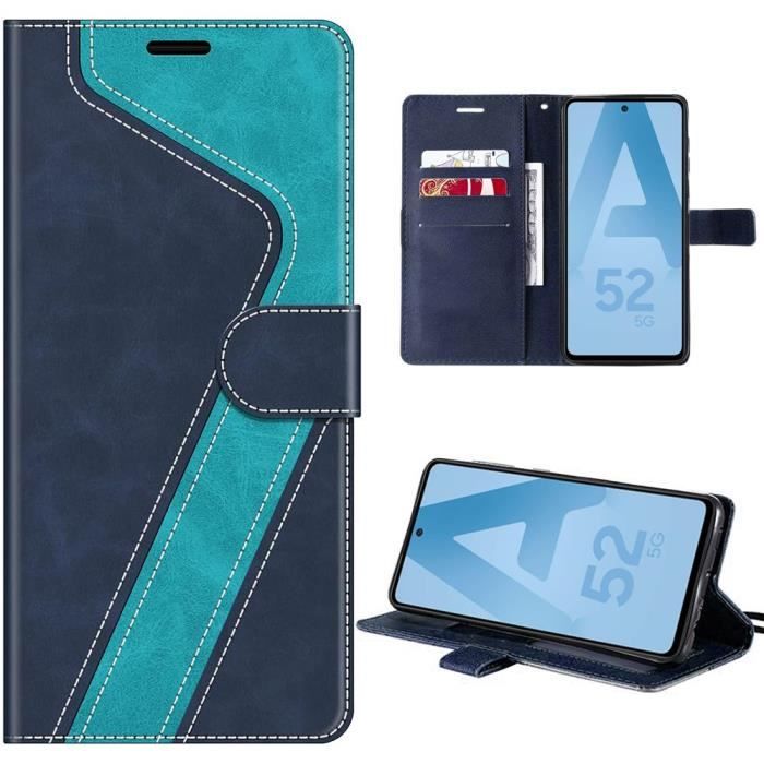 Coque pour Samsung Galaxy A52s 5G et A52 5G-4G, Bleu, Protection Antichoc en Cuir PU avec Porte-cartes et Support, Motif Stylisé