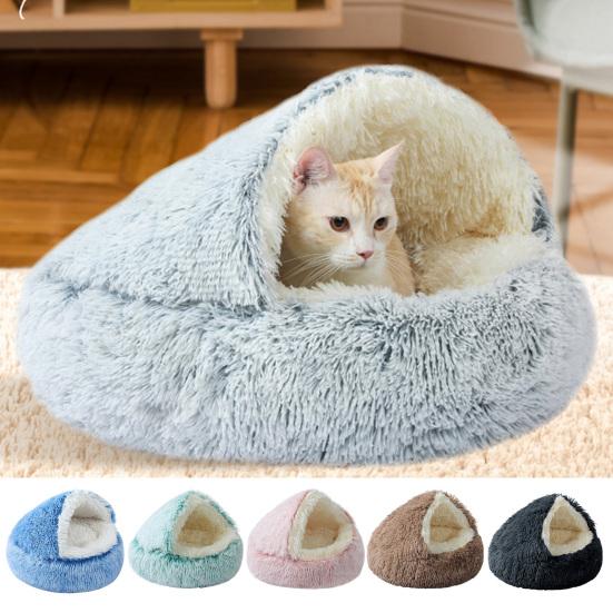 Round Hooded Plush Pet Bed Semi-Enclosed Indoor Small Cat Dog Cave Bed Winter Warm Kitten Puppy Sleeping Nest Pet Supplies