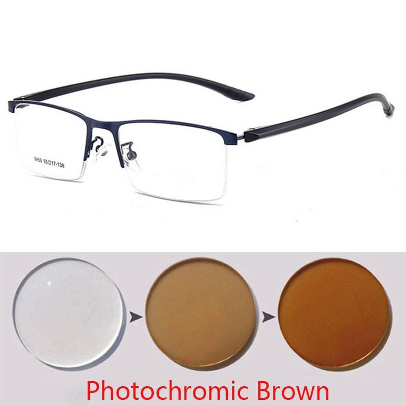 Semi-Rimless Business Metal Glasses Photochromic Lenses and Anti-UV Coating for Men Square Prescription 0 -0.5 -0.75 To -6