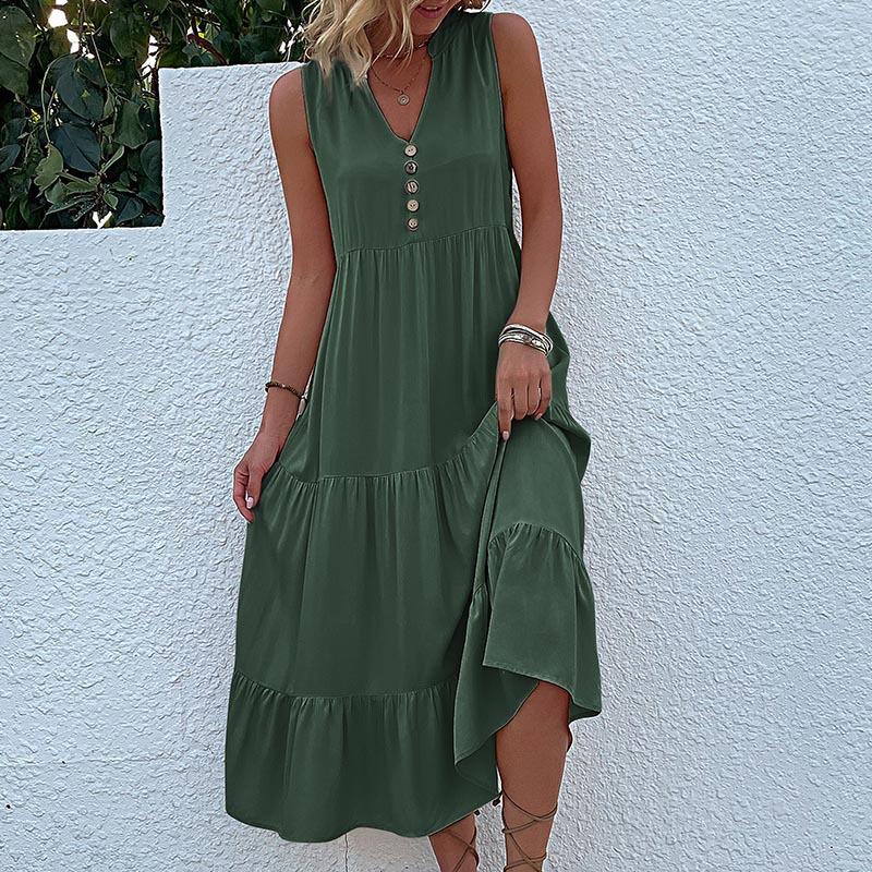 Robe débardeur d'été pour femmes, sans manches, plissée, ample, col en v, robes mi-longues
