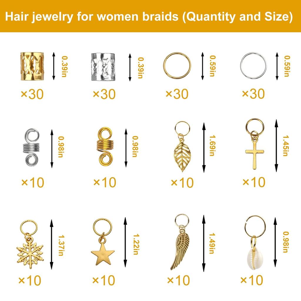 200PCS Hair Beads for Women Braids, Loc Jewelry for Hair, Dreadlocks Accessories, Metal Gold Silver Clips Cuffs Coils Shells Rings for Hair Braiding