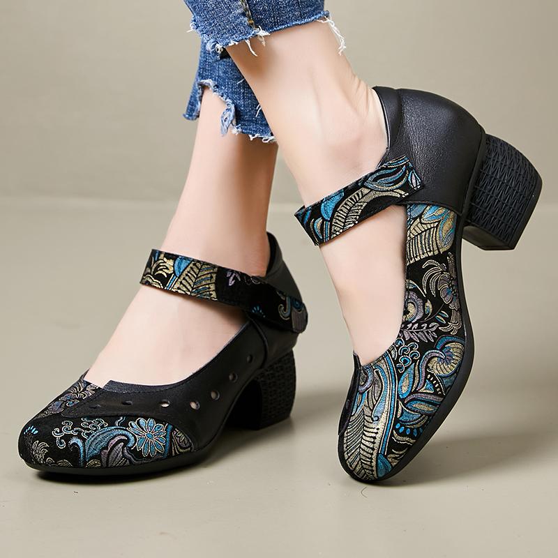 GKTINOO 2024 Spring New Pumps Round Toe Buckle Sandals Mary Jane Thick Heels Retro Genuine Leather Women's Shoes