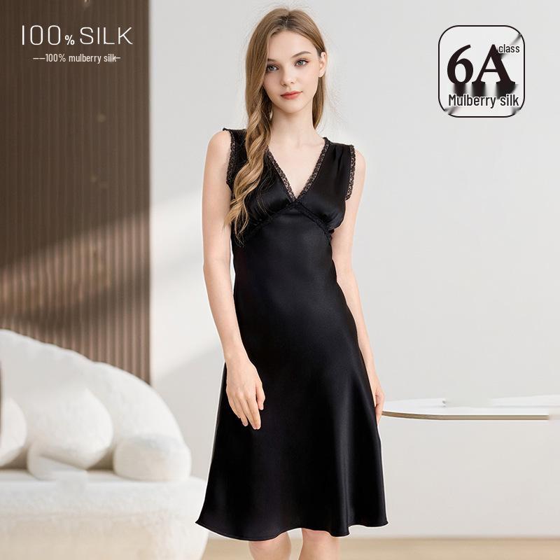 Luxurious Mulberry Silk French Nightgown - Women's V-Neck, Wide Shoulder Straps, Mid-Length