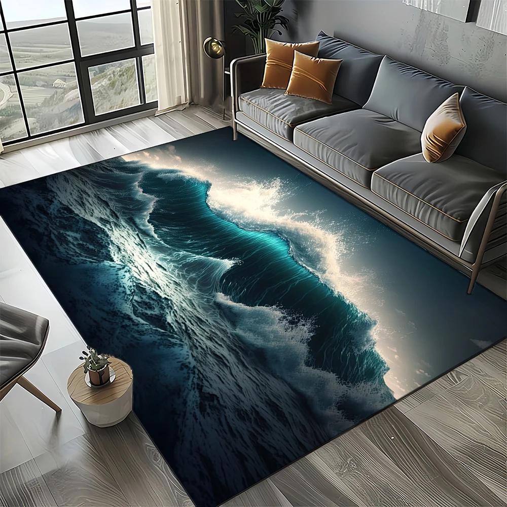 2025 New Style Blue Green Sea Wave Seawater Nature 3D Carpet Rug for Living Room Bedroom Home Sofa Decoration,Non-slip Floor Mat