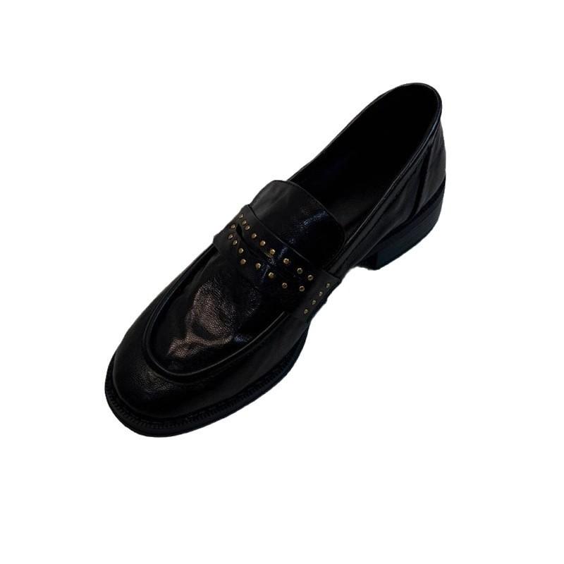 Soft leather! Loafers women's retro British style round head rivet pleated one pedal thick heel black small leather shoes