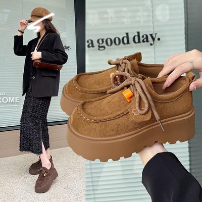 Frosted Leather Lace-up Muffin Thick-soled Small Leather Shoes Women's British Style Small Man Height-increasing Retro Single Shoes