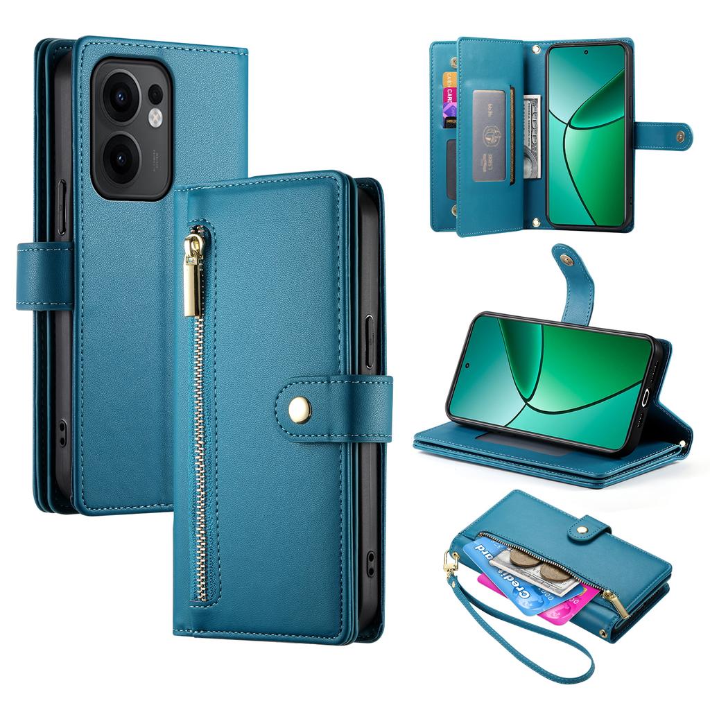 DF-011 For Oppo Reno13 F 5G Case Zipper Pocket Wallet Leather Phone Cover with Straps