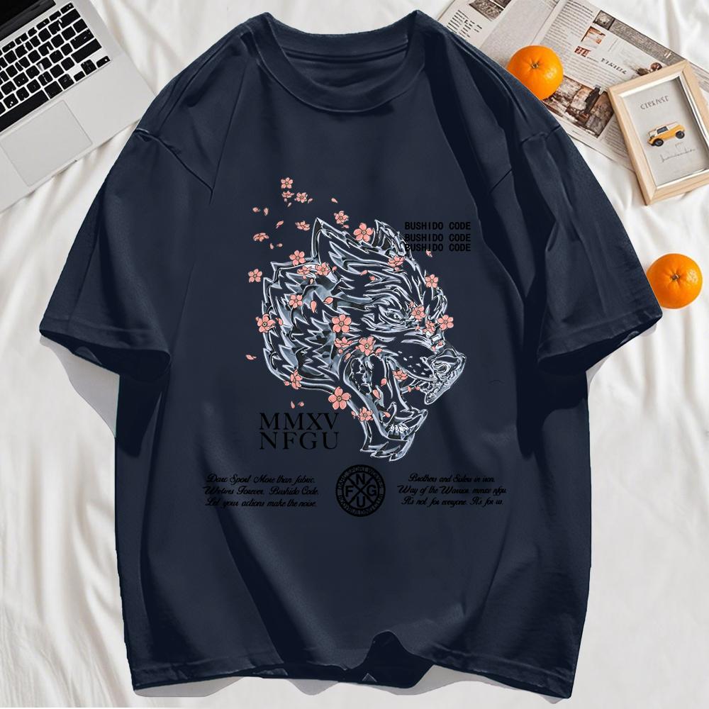 Line Draft Tiger Cherry Blossom Print Men T-Shirt Cotton Casual T Shirt Summer Loose Hip Hop Clothes