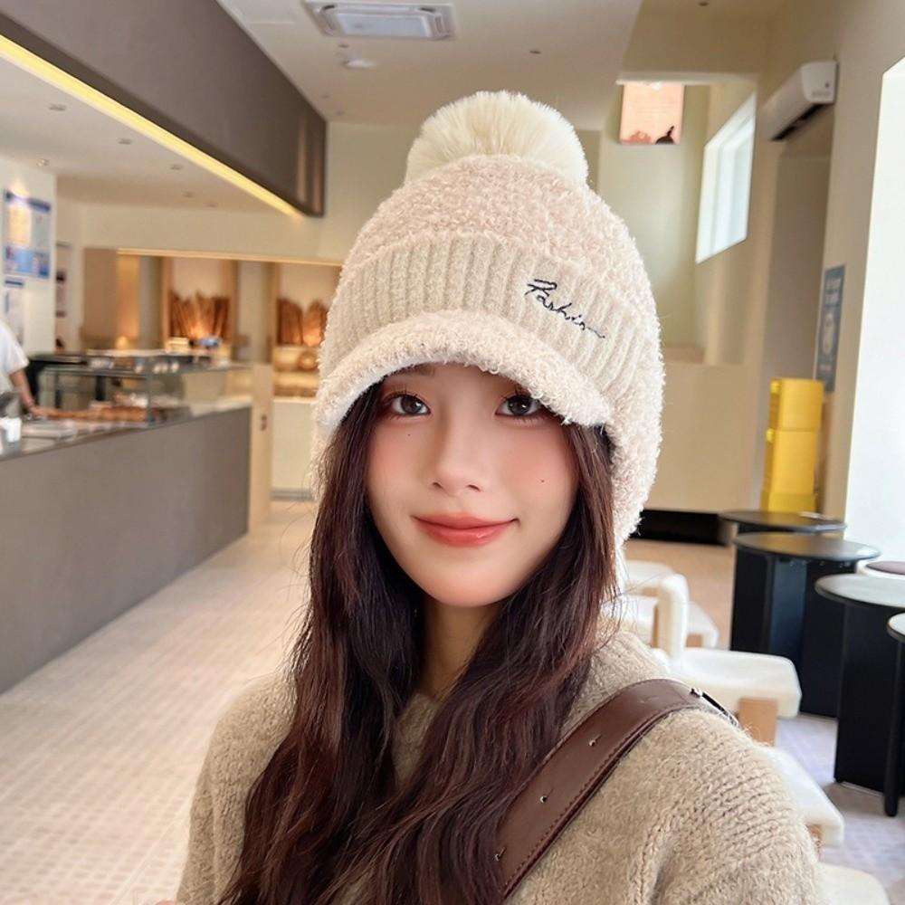 Windproof Knitted Baseball Cap Thermal Ear Flap Protection Hat Fashion Pompom Plush Beanie  Women