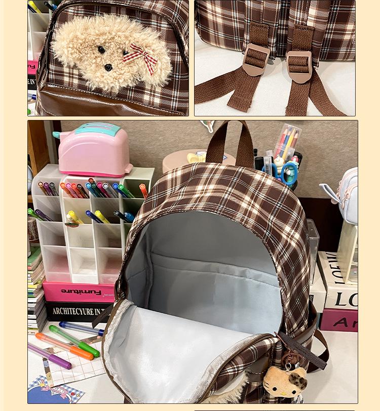 Retro-karierter Welpen-Rucksack im College-Stil für Herbst/Winter – stylische All-Match-Schultasche für Mädchen