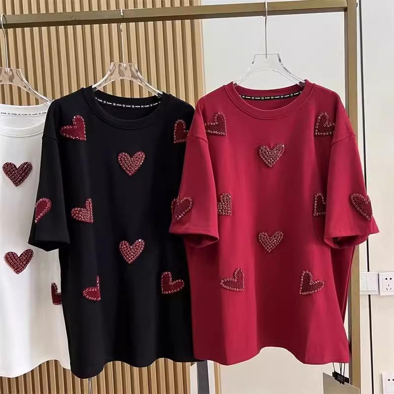

Plus Size 2-300 Lbs 3D Love Embroidered Beaded Short-Sleeve Women s T-Shirt L