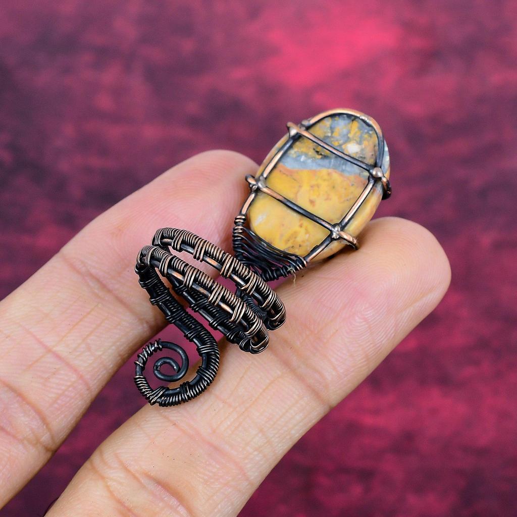 Maligano Jasper Ring Adjustable Ring Copper Wire Wrapped Unique Gemstone Jewelry