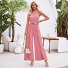 Summer Women Casual Sleeveless Halter Jumpsuit Loose High Waist Wide Leg Pants Solid Color Belt Jumpsuits Sizes S XL