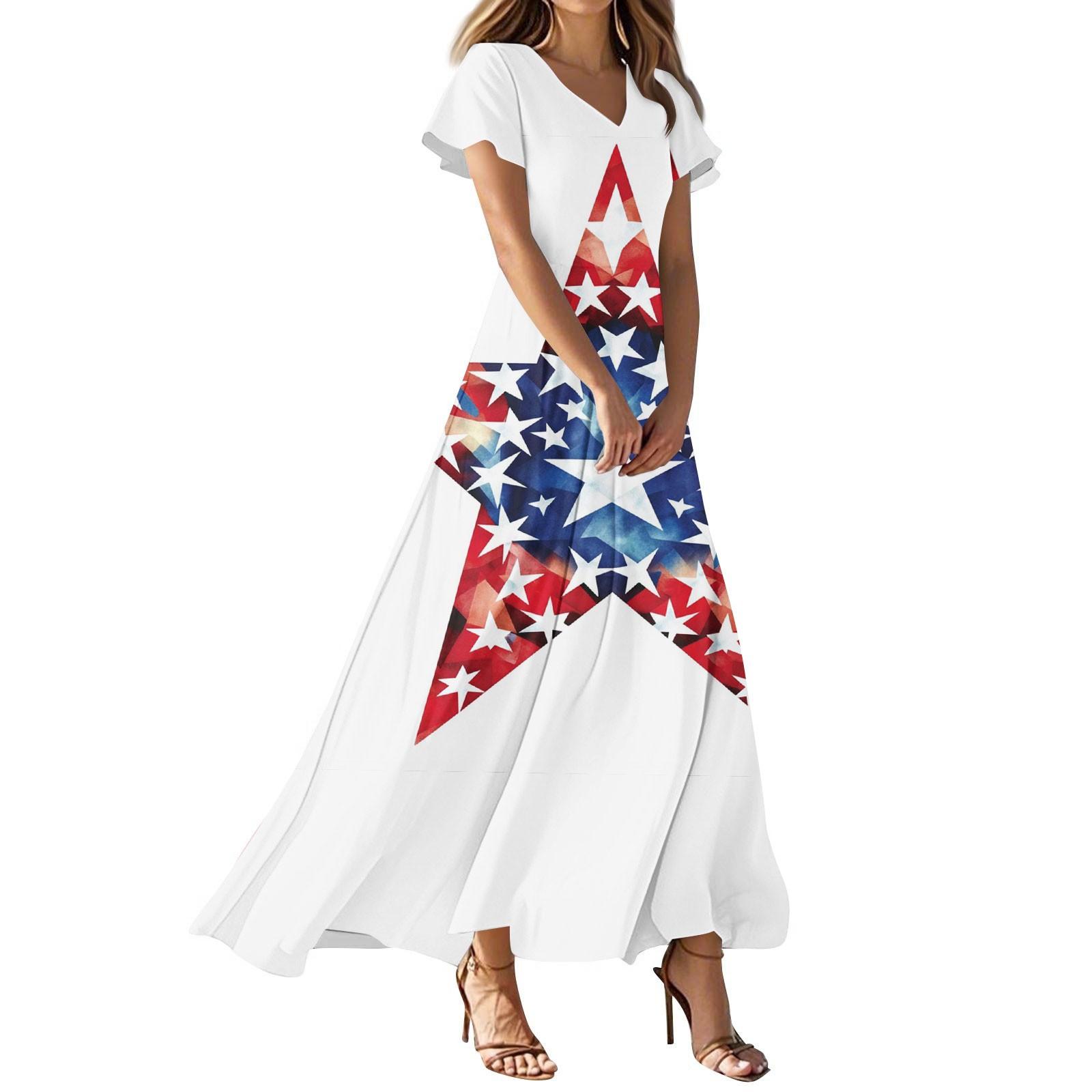 

Женские повседневные модные платья с принтом ко Дню независимости, платья с коротким рукавом и V-образным вырезом XS белый