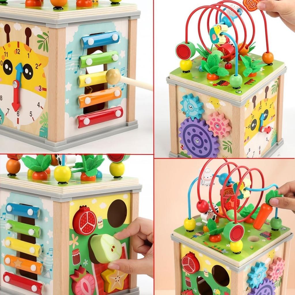 Montessori Wooden Educational Cube for Kids, Fishing Activity Toy with Shape Sorting, Multicolor Early Learning Toy
