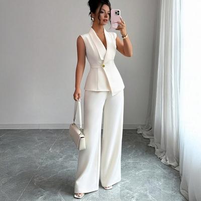 Women's Business 2 Piece Outfits Casual Sleeveless Blazer Vest Wide Leg Pants Suit Set Dressy Office Work Set