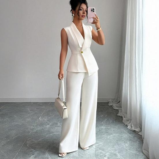 Women's Business 2 Piece Outfits Casual Sleeveless Blazer Vest Wide Leg Pants Suit Set Dressy Office Work Set