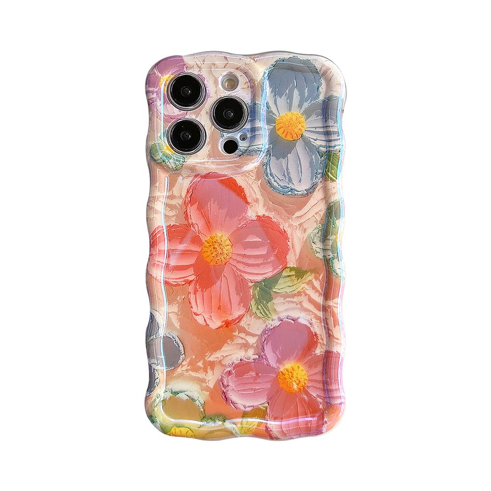 Laser Blue Light Flowers Case For iPhone 15 14 12 13 11 Pro Max Wavy Frame Pattern Camera Protection Shockproof Soft Cover Funda