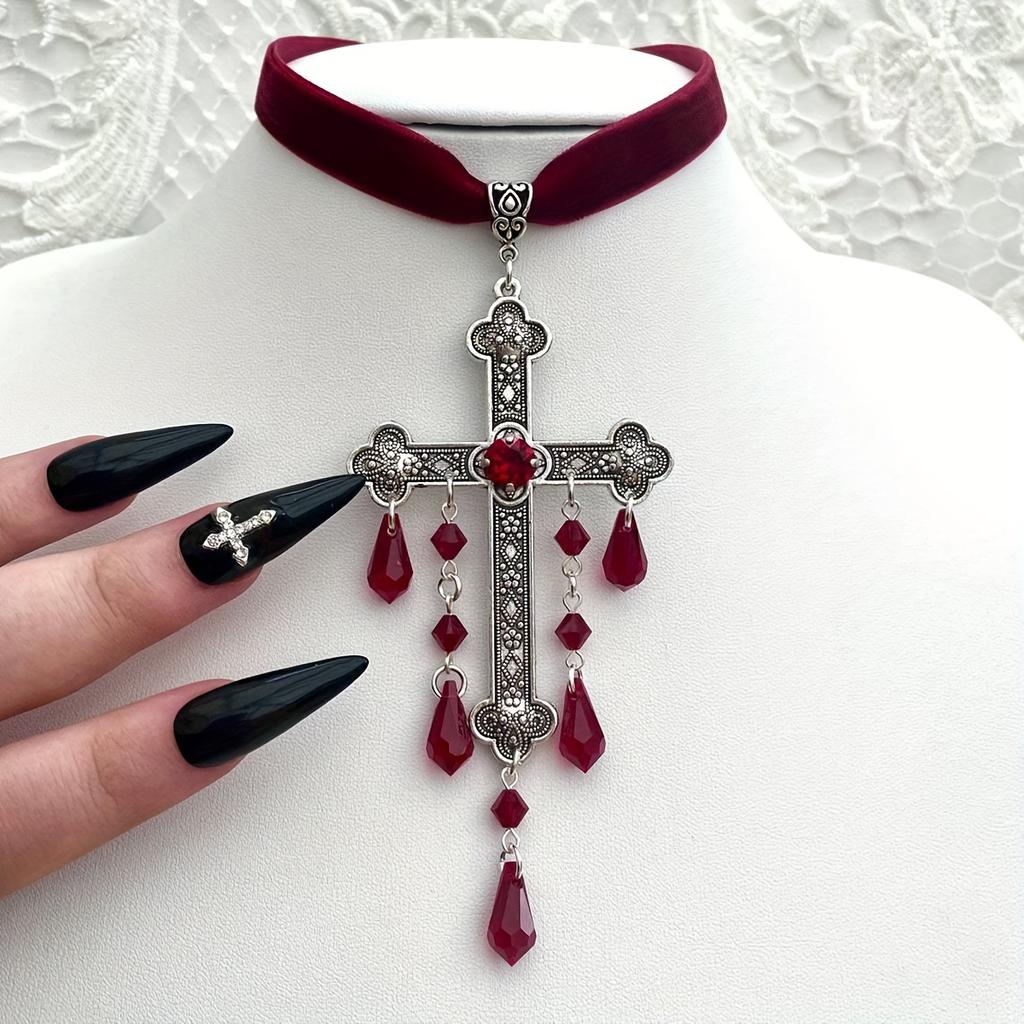Gothic Vampire Silvery Large Cross Pendant Necklace Inlaid Artificial Crystal  Bohemian Style Synthetic Gems Decor Pendant Necklace Jewelry Gift