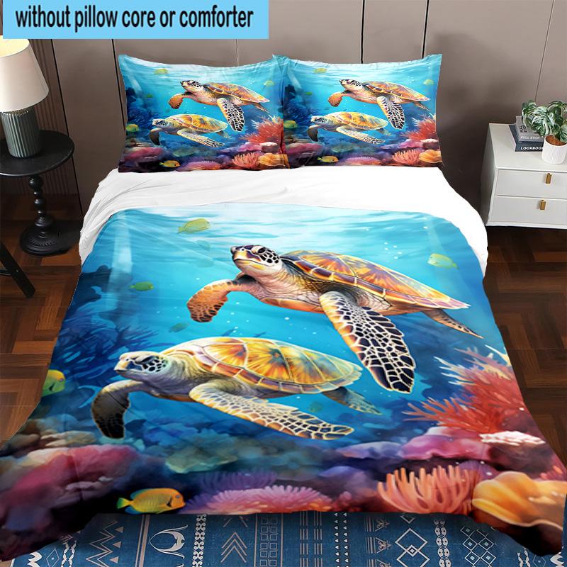 Cartoon Sea Turtle Artwork 3pcs Bedding,Including 1pc Duvet Cover And 2pcs Pillowcases Perfect for Christmas,Ideal for Bedroom, Dormitory