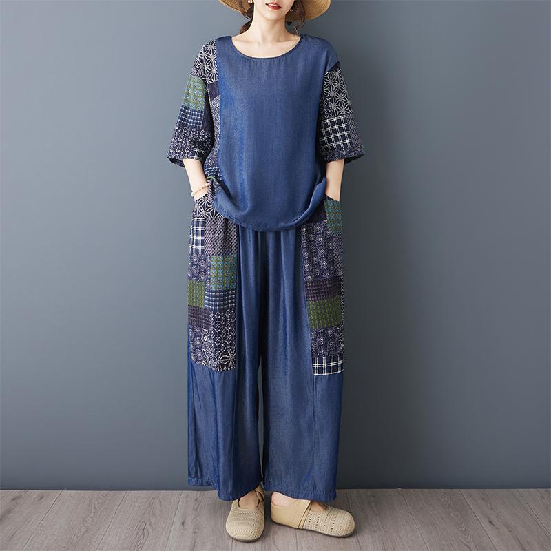 DIMANAF Plus Size Pants Suits Women Sets Suits Loose Tops Shirts Long Pants Cotton Casual Clothing Summer Vintage