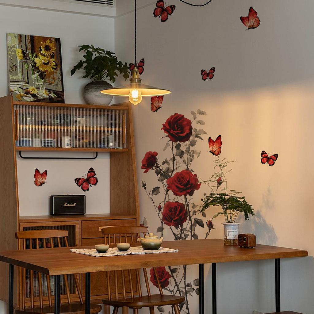 Valentine's Day Floral Wall Stickers, Rose Butterfly Decor, Living Room Bedroom Kids Room Holiday Background Wall Art