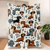 Whimsical Dachshund Floral Pattern Blanket - Light Off-White Background with Cute Brown, Black, Blue-Gray Dogs, Flowers, Leaves