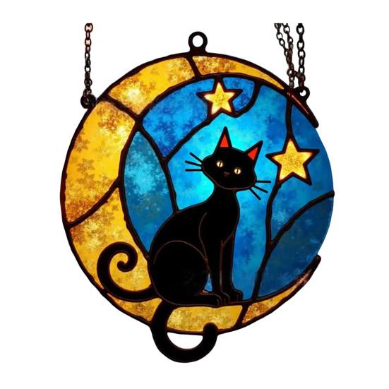 

Темний Кіт Місячний Візерунок Ловець Сонця Акрилова Скляна Підвіска Підвіска для Вікна Ручної Роботи Декор з Вітражного Скла Декор для Дому в Приміщенні та на Відкритому Повітрі