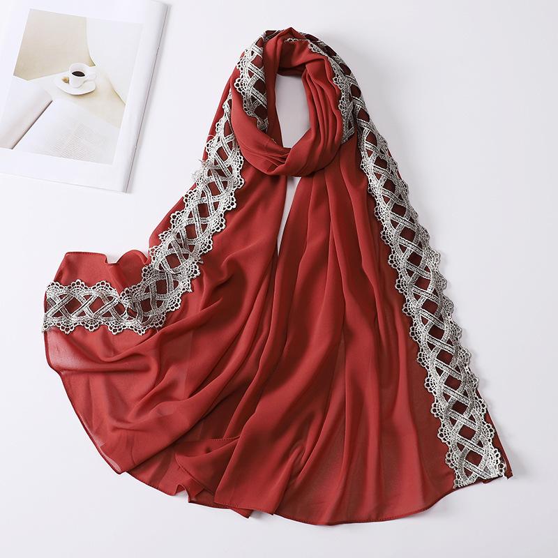 Muslim Women Chiffon Scarves with Lace Side Embroidered Chiffon Hijabs Lace Plain Hijab Patches Decoration