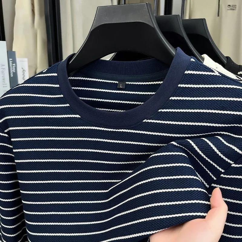 Maglia da uomo a righe con scollo rotondo, manica lunga, casual, con texture a nido d'ape