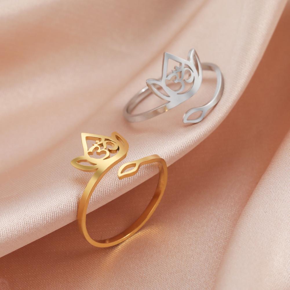 Stainless Steel Lotus Flower Rings Silver Color Yoga Buddha Adjustable Ring Om Symbol Amulet Vintage Jewelry New Year Gifts