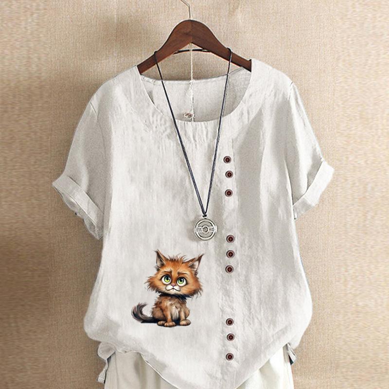 

Женская модная оранжевая футболка с коротким рукавом с принтом кота, свободная хлопковая рубашка, повседневная свободная летняя блузка, топы больших размеров 5XL белый