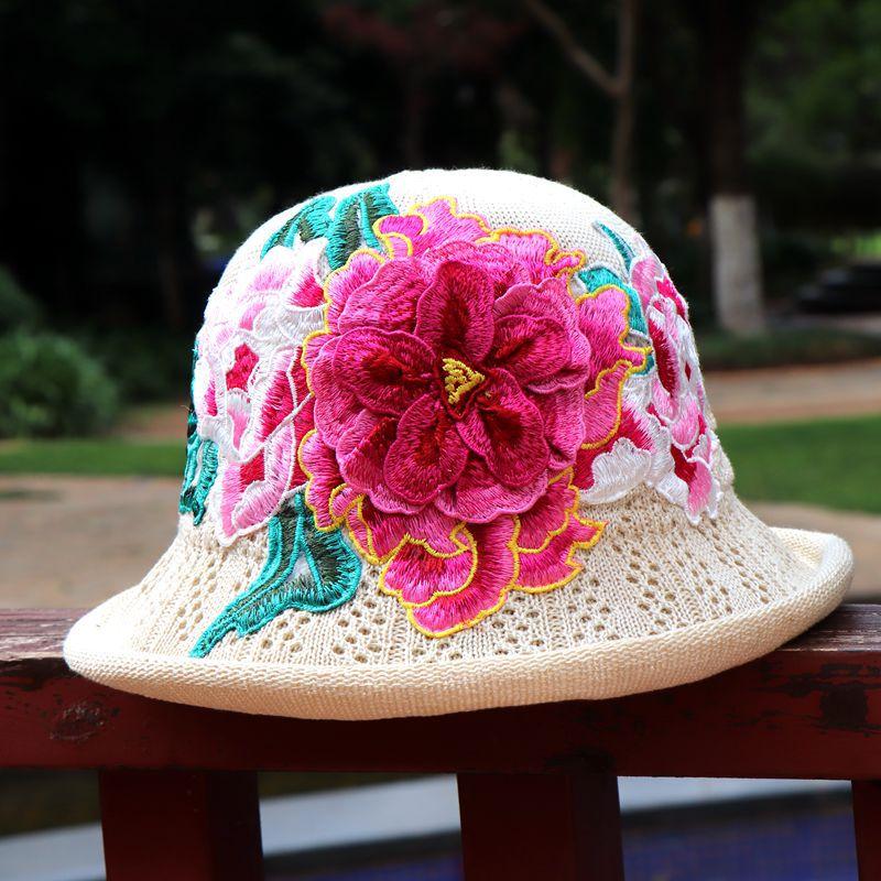 Vår og sommer etnisk vind broderi blomst sammenleggbar hatt dame strikkelue sandbøttehatt