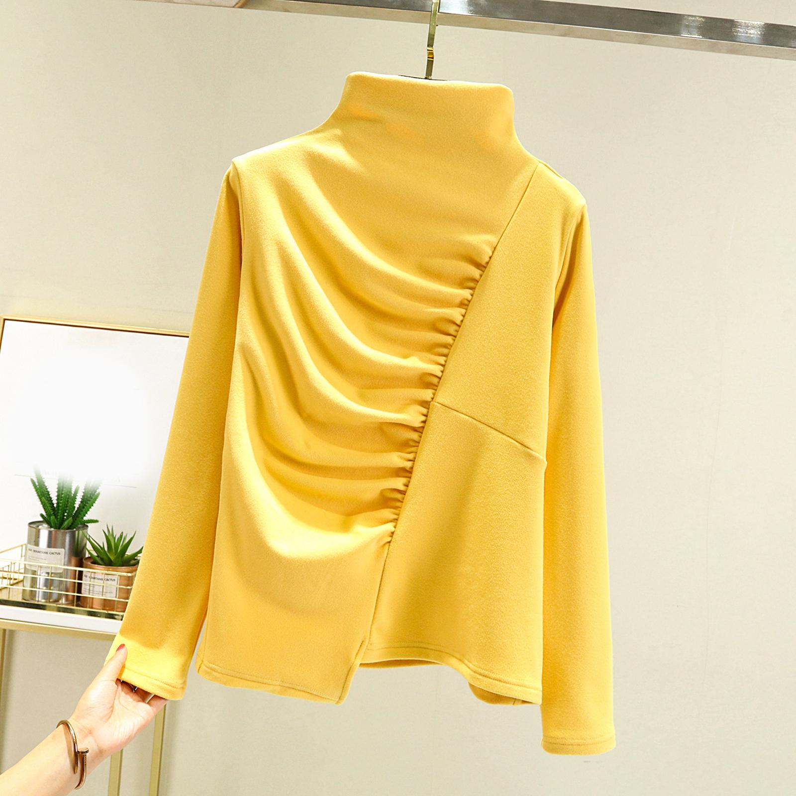 

Женское свободное удобное повседневное модное и теплое нижнее белье с бесшовным полувысоким воротником и топом с длинными рукавами из толстого велюра XL жёлтый