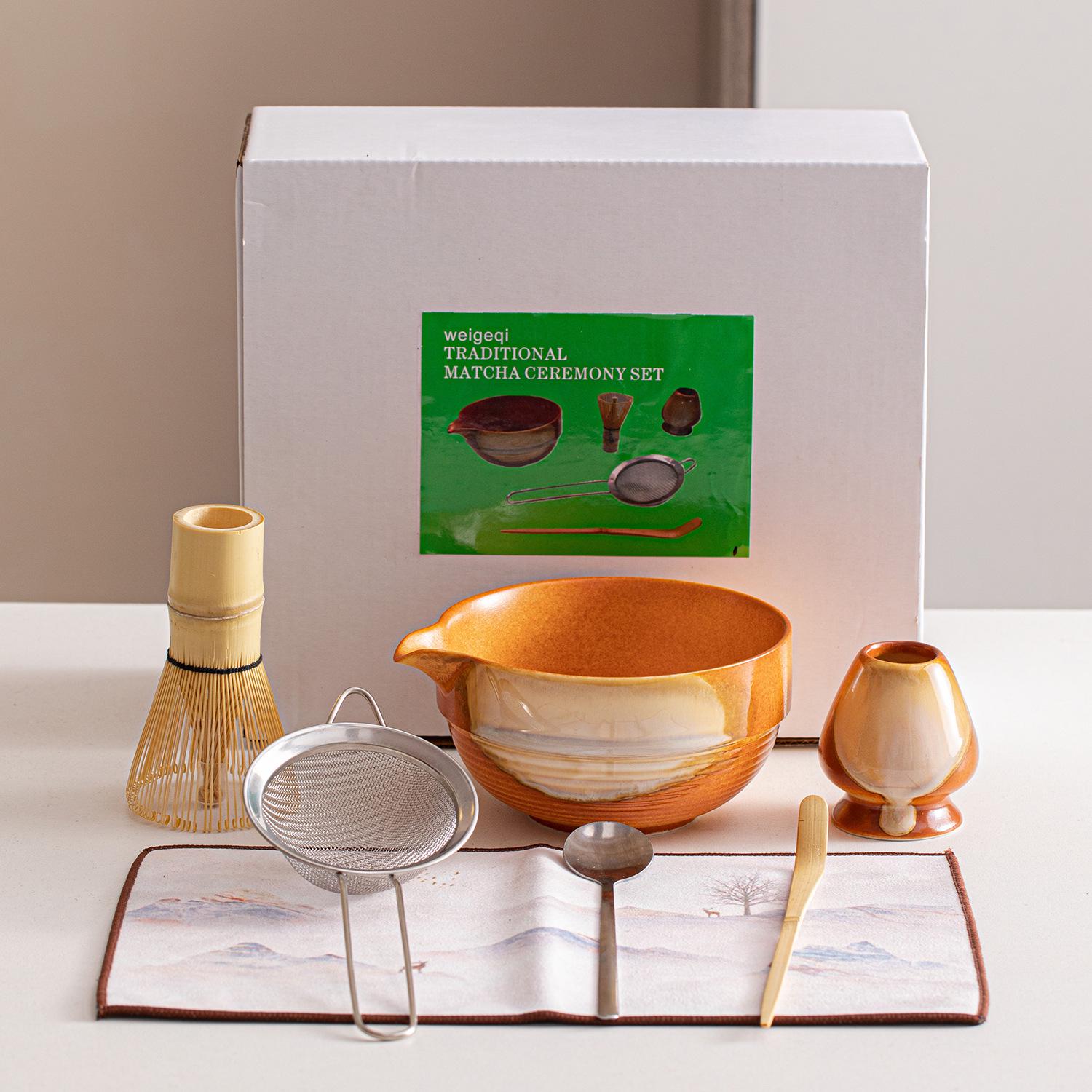 Japanese Matcha Tea Set: 7-Piece Set with Whisk and Spouted Matcha Bowl