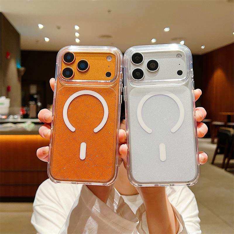 Ultra Thin Simple Transparent Glitter Bling Magnetic For Magsafe Cases For Apple iPhone 17 16 15 14 Pro Max 13 Shockproof Cover