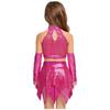 Girls Jazz Sleeveless Keyhole Back Sequins Crop Top Asymmetric Metallic Skirt Sequined Tassels Gloves Set