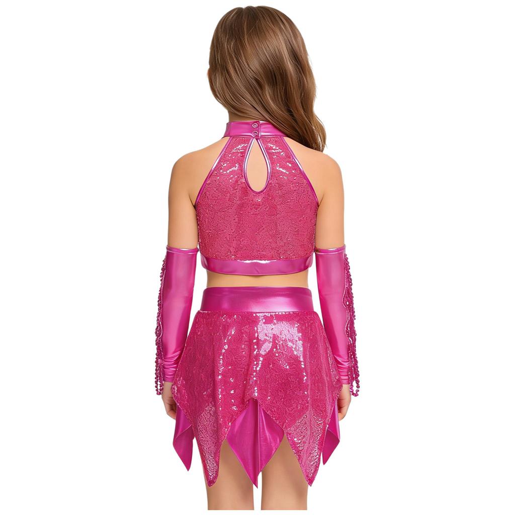 Girls Jazz Sleeveless Keyhole Back Sequins Crop Top Asymmetric Metallic Skirt Sequined Tassels Gloves Set