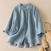 Women's Solid Color Cotton Linen Five Quarter Sleeved Retro Breathable T-Shirt Stand Up Collar Top