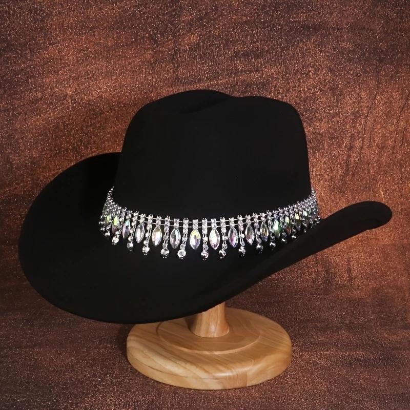 Rhinestone felt western cowboy hat new warm autumn and winter hat women's large brim men's British top hat