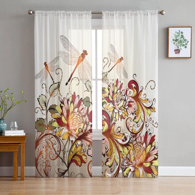 Dragonfly Flowers Sheer Curtain For Living Room Voile For Window Blinds Bedroom Tulle Drape Kitchen Cortinas Hall Curtains