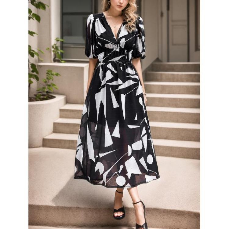 Summer Casual Boho Floral Print Midi Dress Women V Neck Short Sleeve Holiday Long Dress Fashion