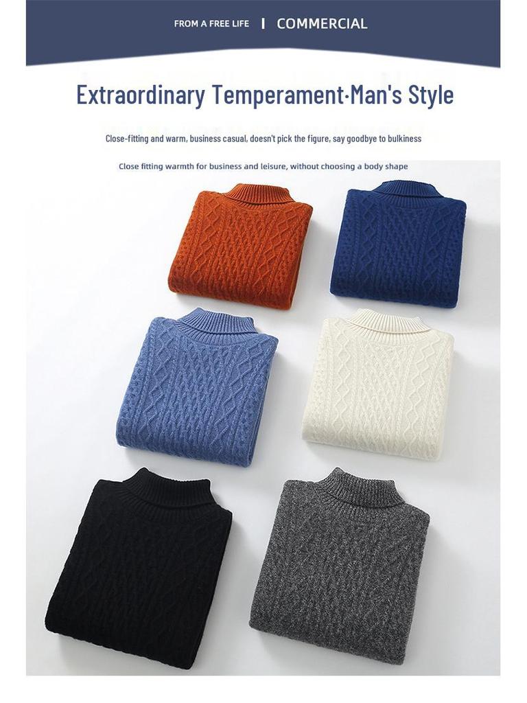Men's High Neck 100% Wool Sweater - Thick, Cozy Knit for Casual or Business Wear