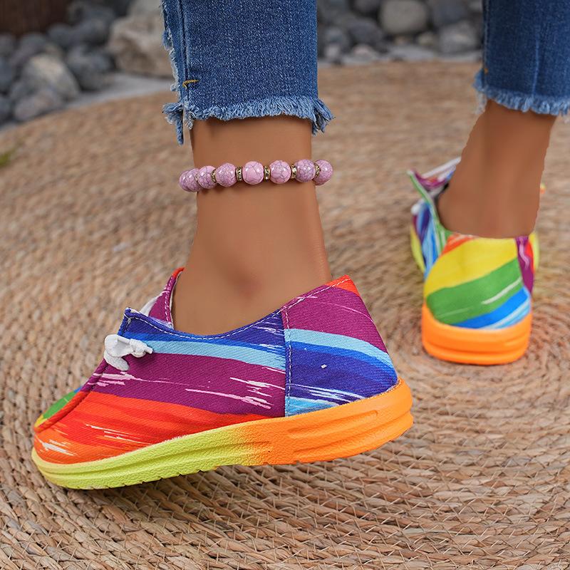 2025 New Plus-size Lace-up Color Low-top Shoes Women's Ethnic Style Graffiti Lazy Canvas Flat Shoes