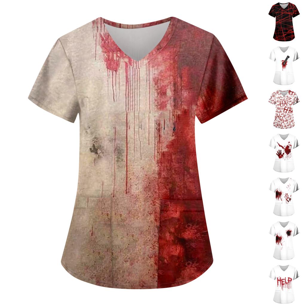 Women's Fashion Casual Halloween Printed Pocket T-shirt Tops