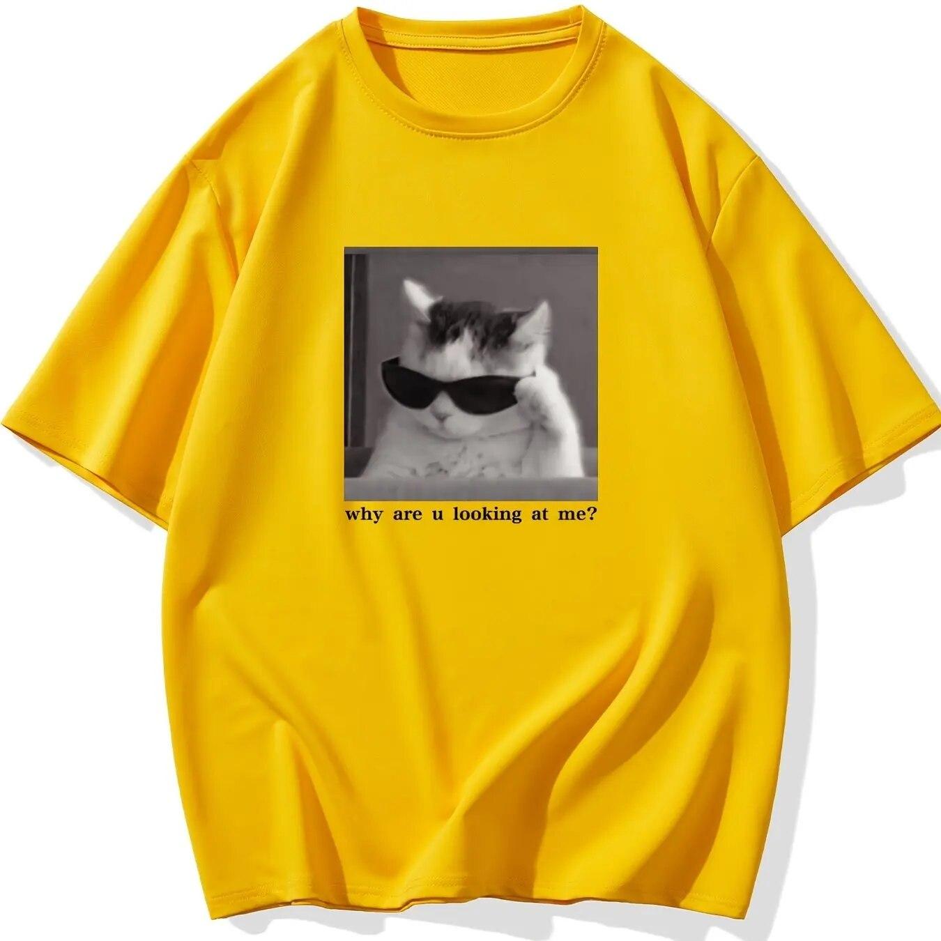 

Унисекс больших размеров «Почему ты смотришь на меня»Эластичная футболка с забавным кошачьим принтом, объемные топы с короткими рукавами для весны и лета, унисекс 4XL