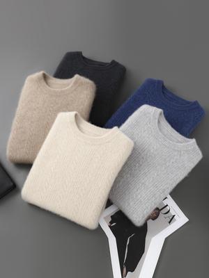 Men's Loose Fit Wool Sweater, Round Neck, Solid Color, Thick Knitwear - New Autumn/Winter Business Casual Base Layer.