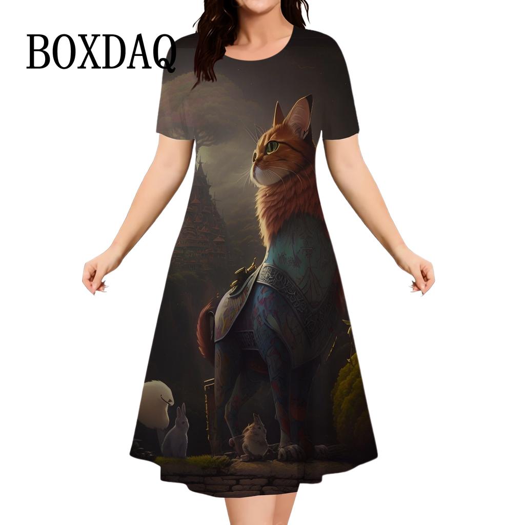 Women's 3D Graphic Animal Cat Dress Short Sleeve 3D Print Summer Dress Casual Daily Holiday Cute Loose Dress New